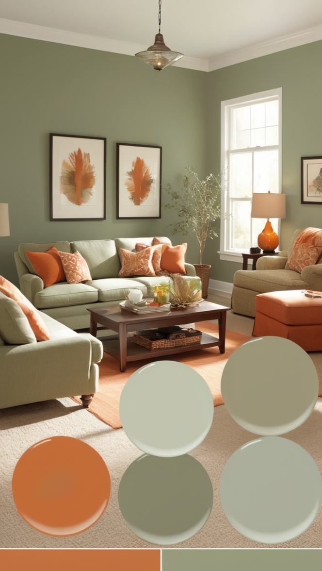 sage green decor, burnt orange furniture, modern living room design, cozy home accessories, interior design inspiration