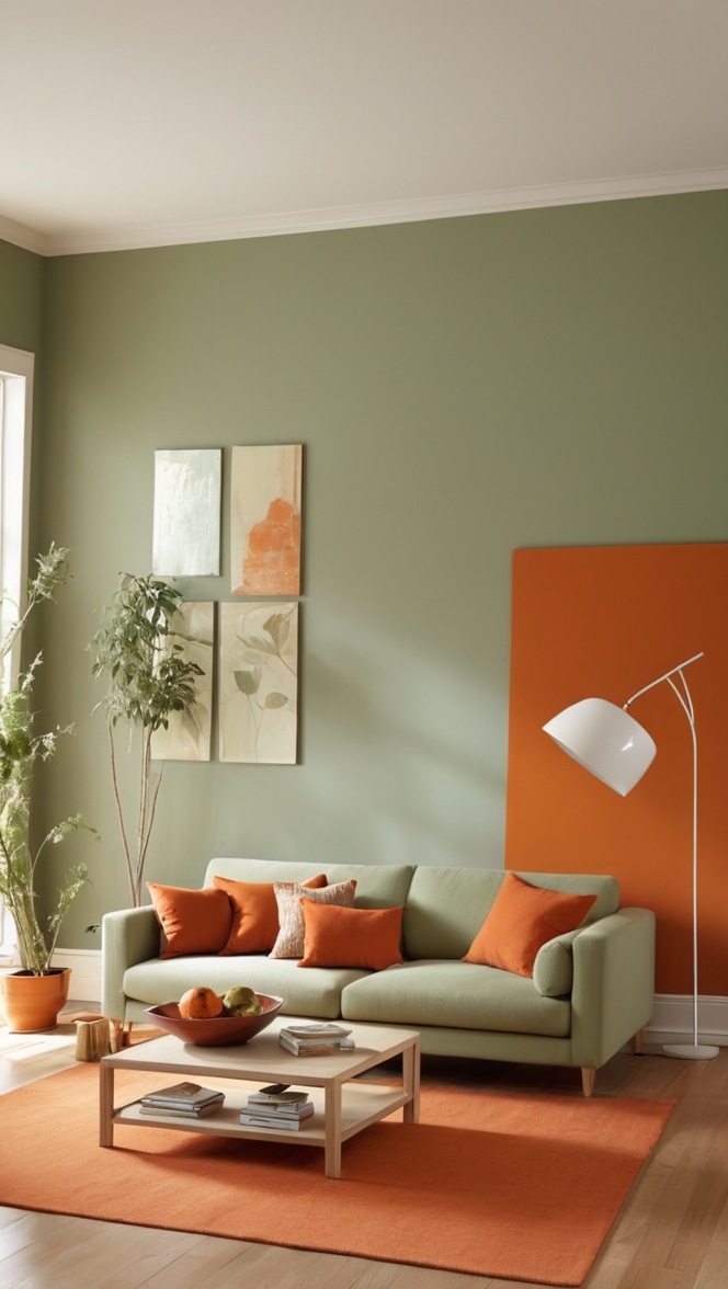 sage green decor, burnt orange furniture, modern living room design, cozy home accessories, interior design inspiration