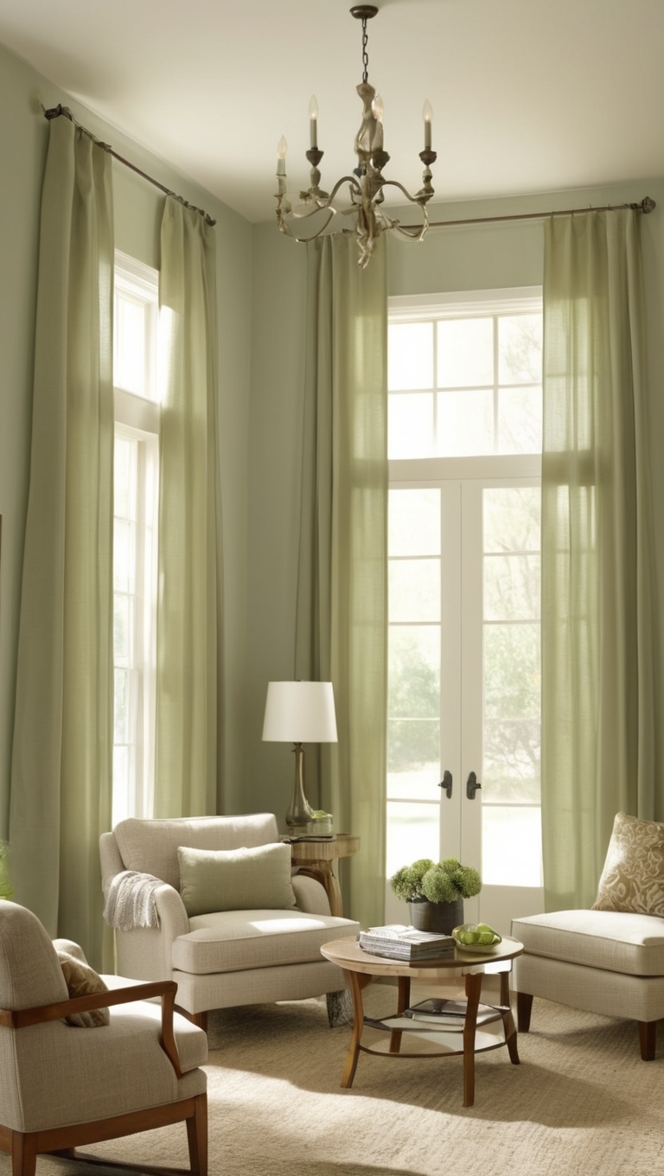 sage green curtain panels, sage green drapery, luxurious green curtains, elegant sage window treatments, designer olive green curtains