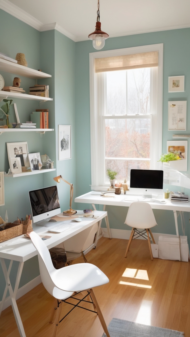 home office desk, corner office space, shared work space, minimalist home office, compact office design