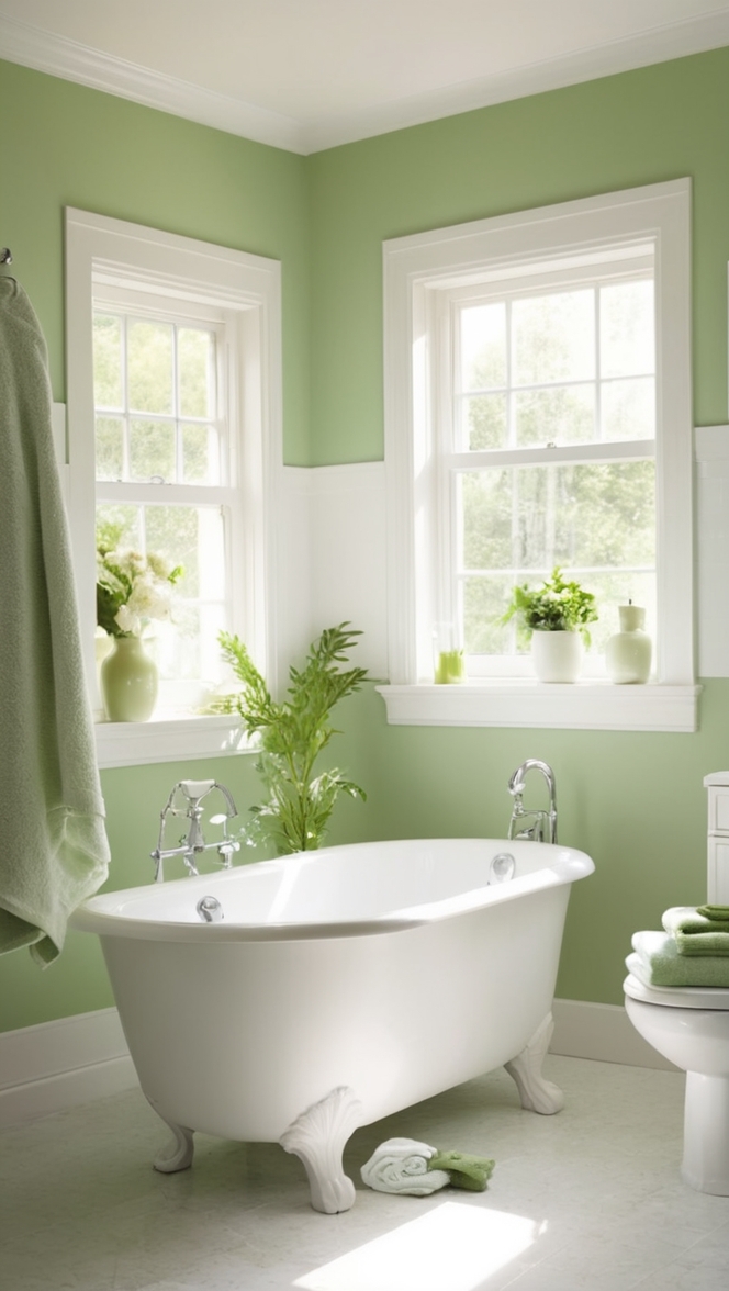 bathroom renovation, white tiles, green paint, modern bathroom, high-end fixtures