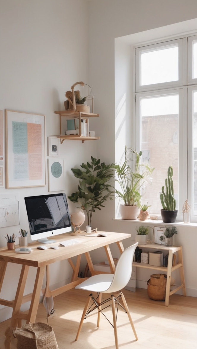 aesthetic home office decor, minimalist workspace design, modern office furniture, chic home office layout, stylish desk accessories