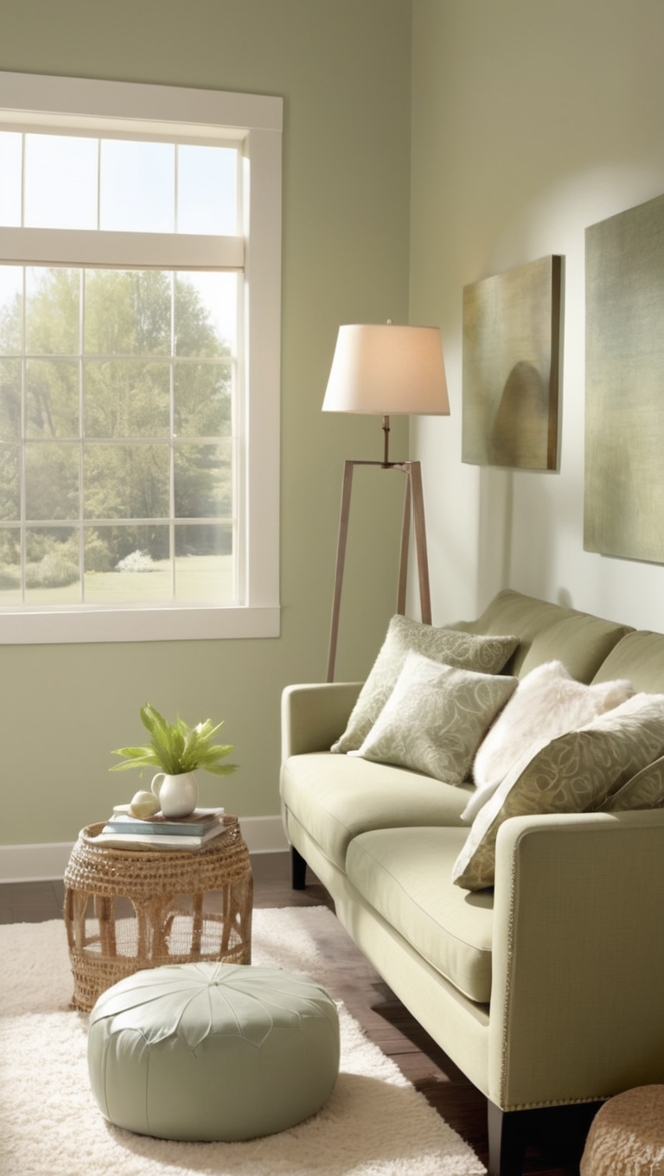 beige living room decor, sage green furniture, cozy living room ideas, neutral living room design, elegant living room decor