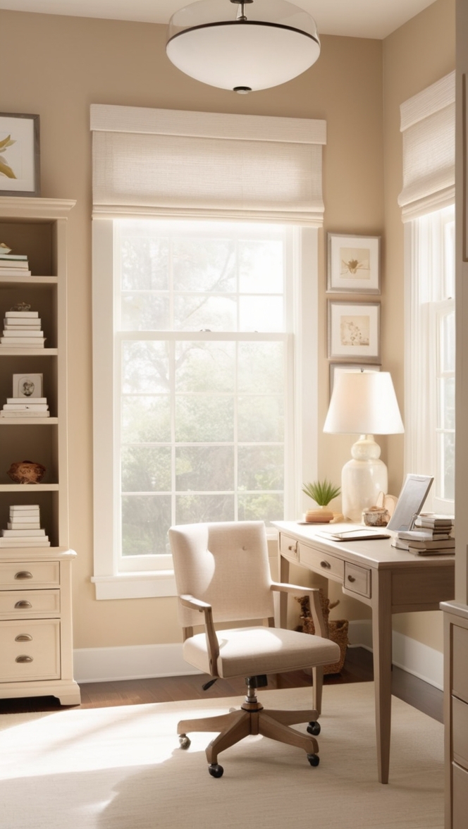 beige home office decor, chic office design, elegant office interior, stylish home office ideas, modern office furnishings