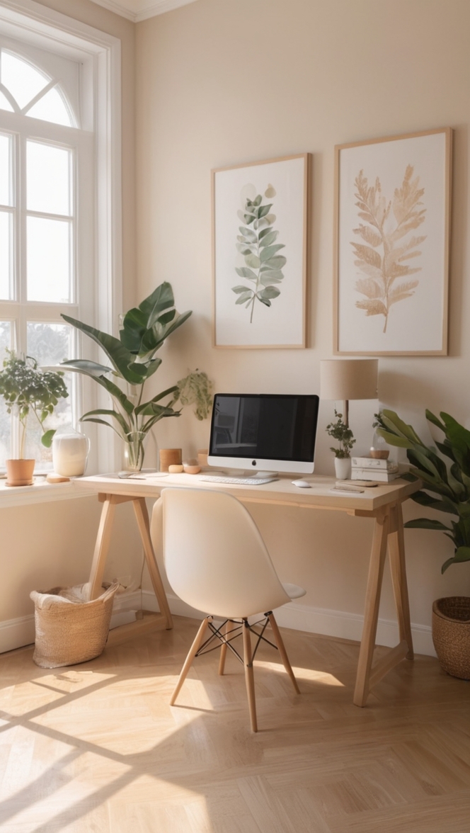 beige home office decor, chic office design, elegant office interior, stylish home office ideas, modern office furnishings