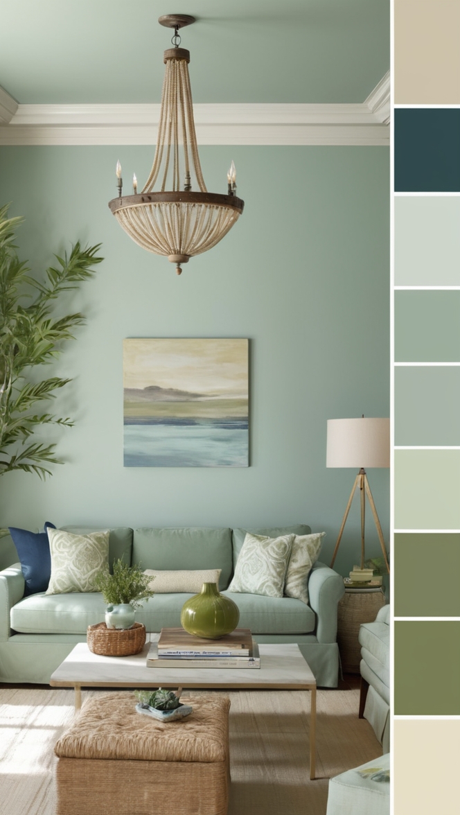 blue sage green decor, elegant living room design, luxury home interior, sophisticated color palette, stylish home decor