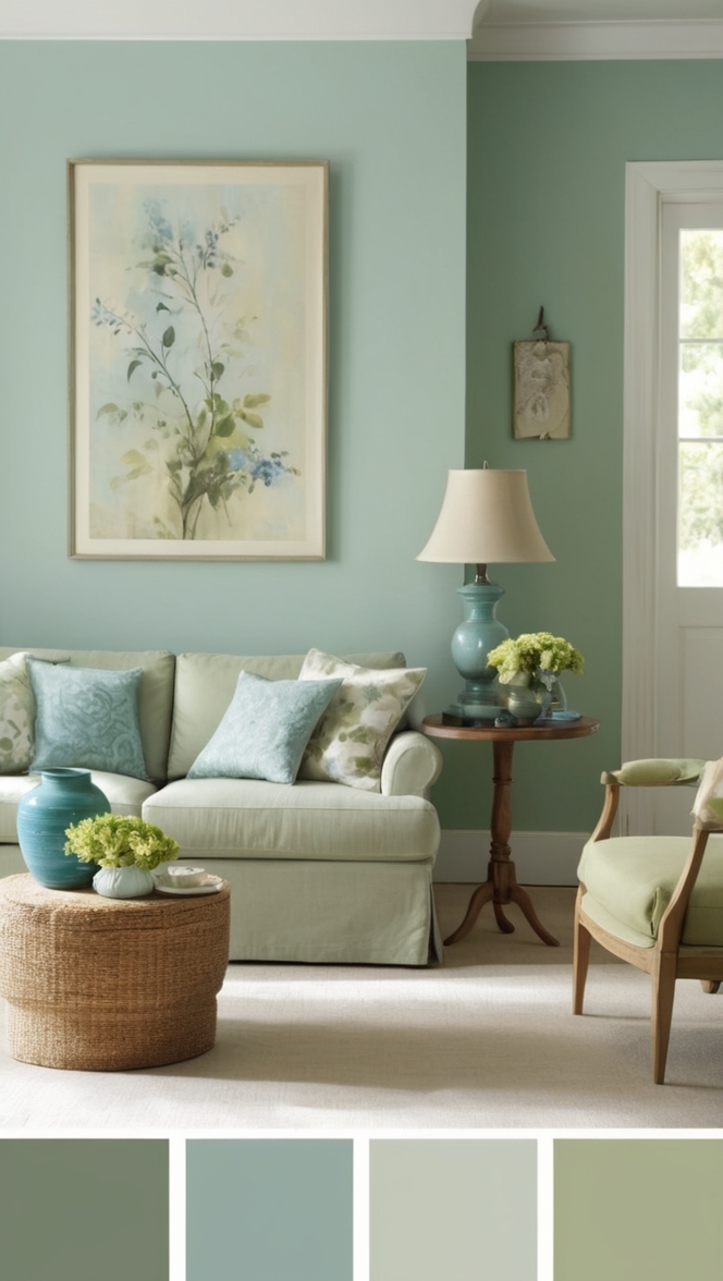 blue sage green decor, elegant living room design, luxury home interior, sophisticated color palette, stylish home decor