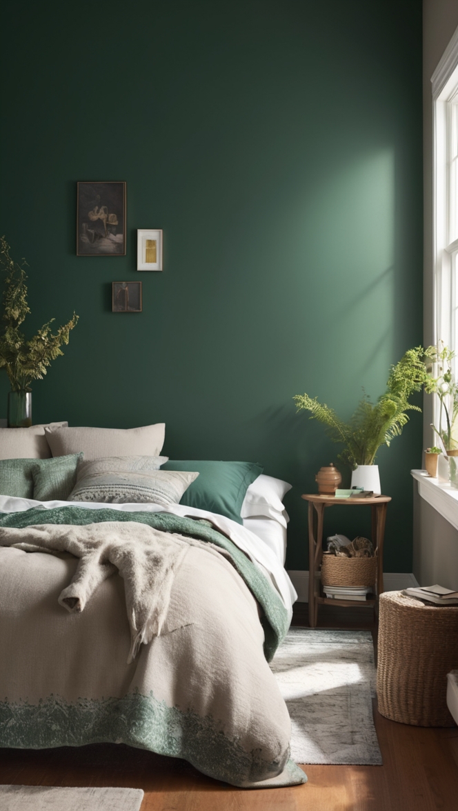 dark green bedroom decor, green bedroom design, moody bedroom ideas, stylish bedroom decor, luxurious bedroom design