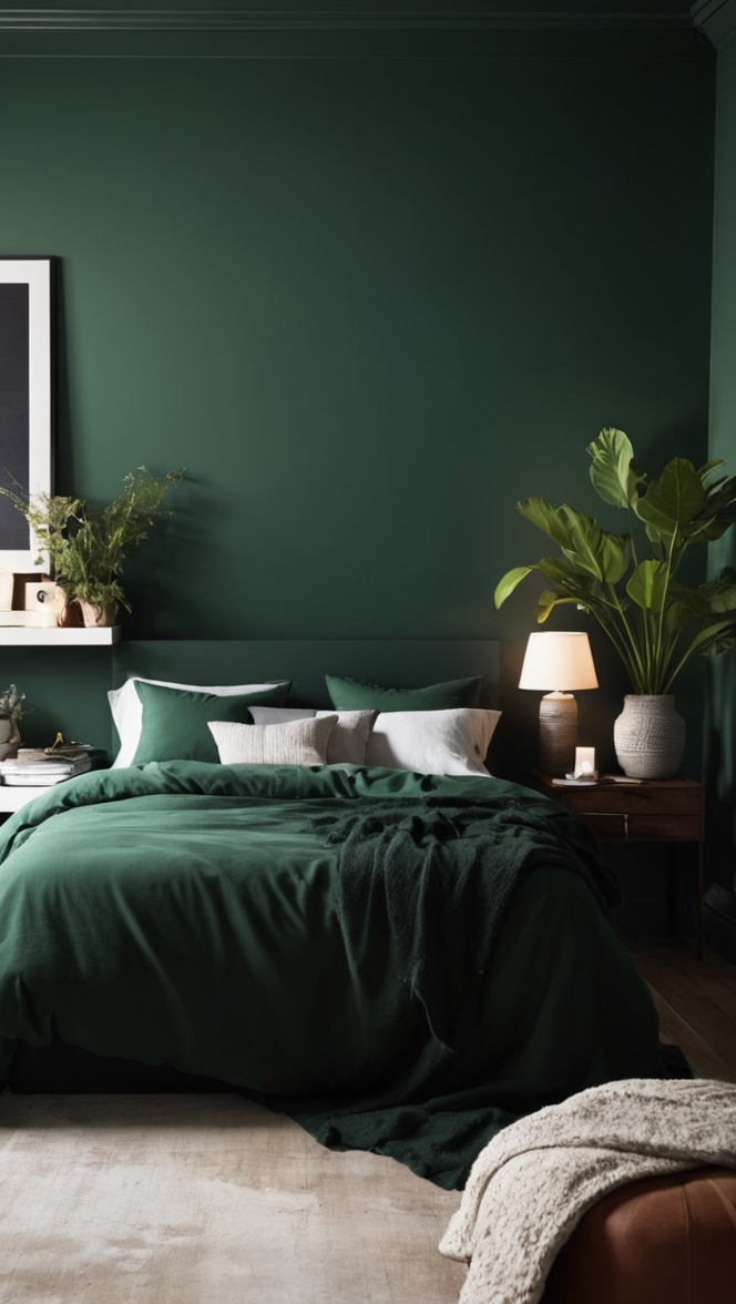 dark green bedroom decor, green bedroom design, moody bedroom ideas, stylish bedroom decor, luxurious bedroom design
