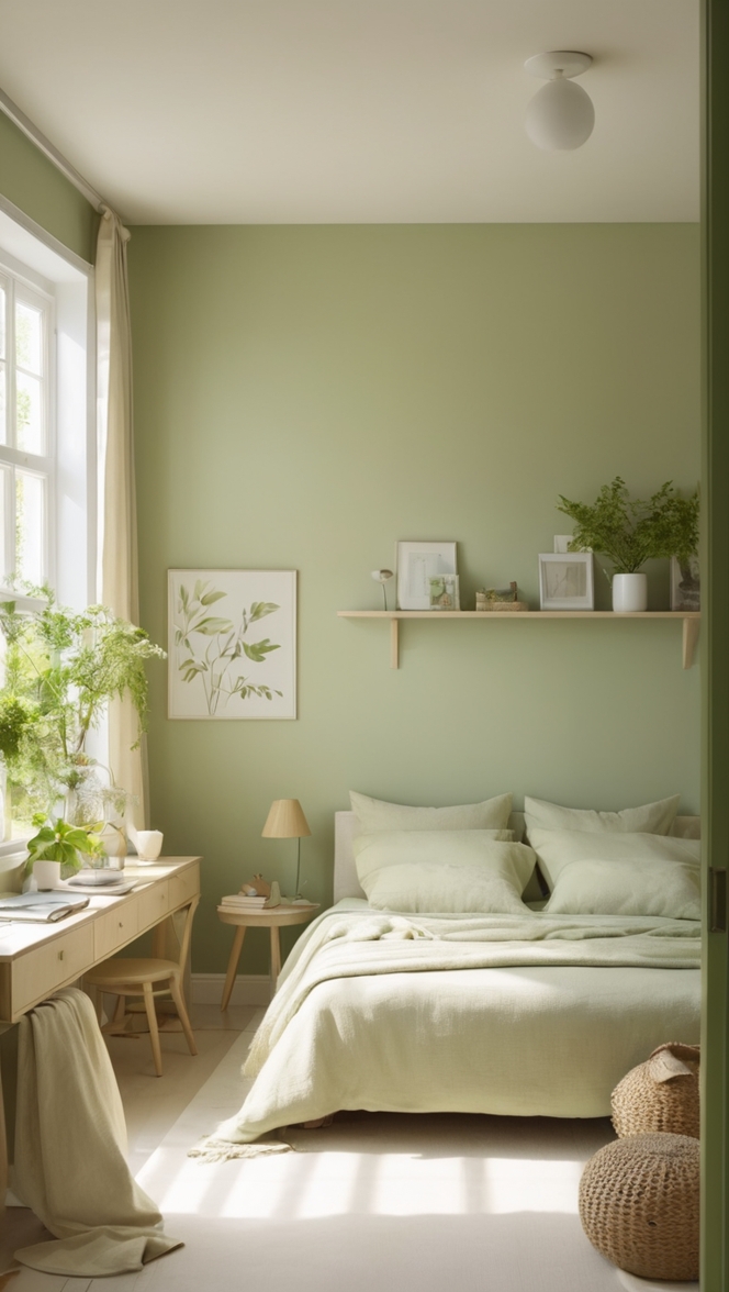 green bedroom decor, beige bedding, bedroom design ideas, elegant bedroom furniture, cozy bedroom paint colors