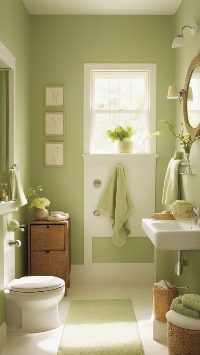 green bathroom decor, tan tile bathroom, bathroom renovation ideas, eco-friendly bathroom design, minimalist bathroom accessories