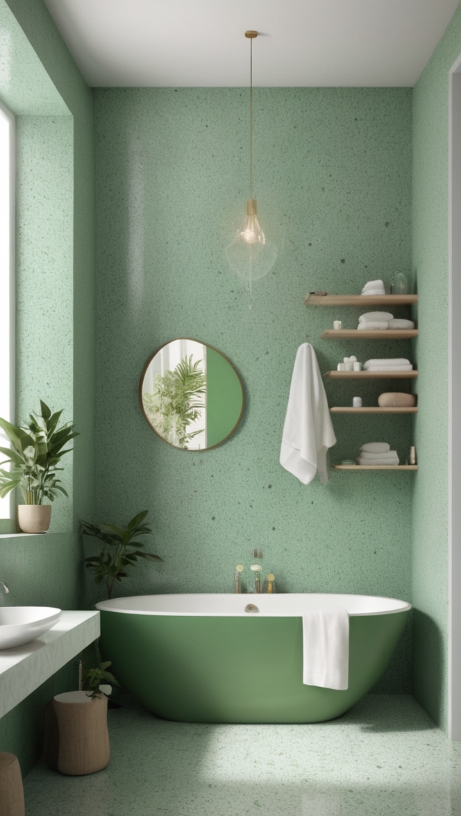 green terrazzo tiles, terrazzo bathroom flooring, terrazzo sink, terrazzo shower, terrazzo countertops