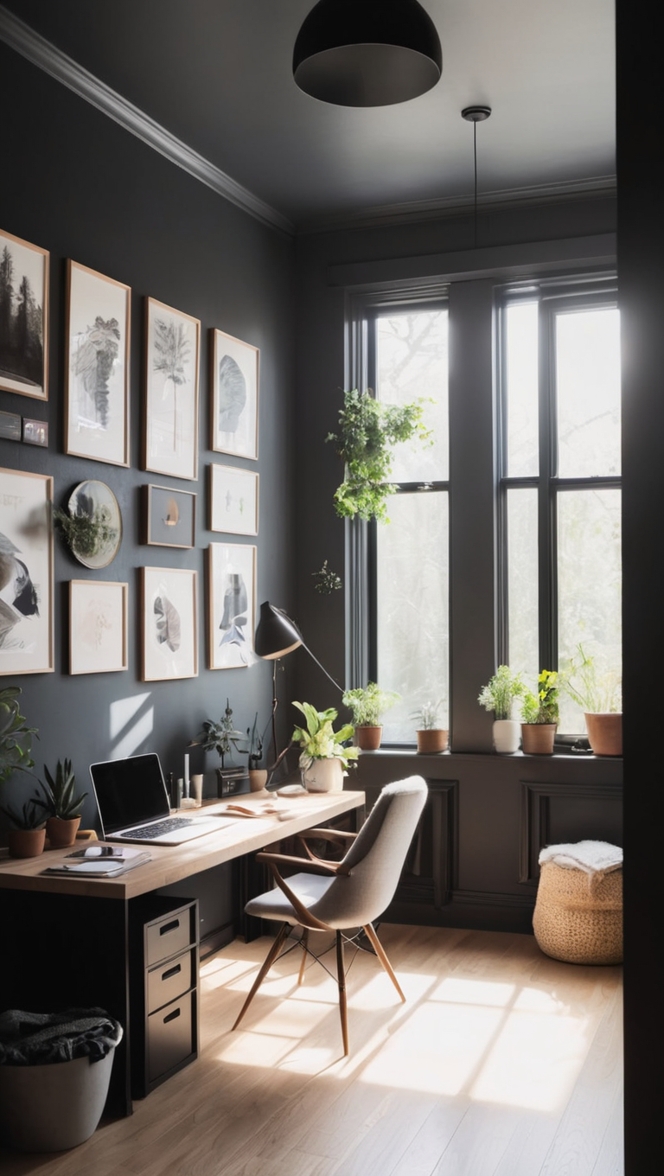 dark home office decor, stylish home office design, modern home office furniture, elegant home office setup, luxury home office accessories