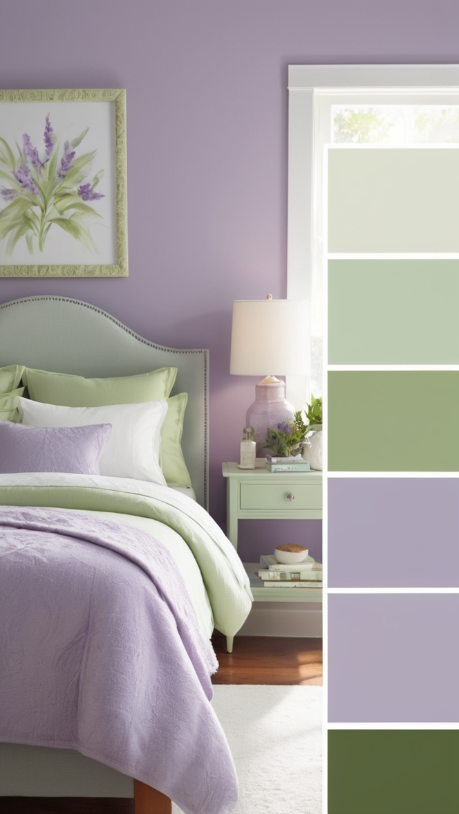lavender paint color, green bedroom design, calming bedroom color palette, elegant bedroom decor, soothing bedroom atmosphere