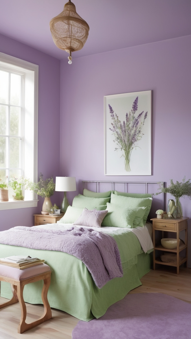 lavender paint color, green bedroom design, calming bedroom color palette, elegant bedroom decor, soothing bedroom atmosphere