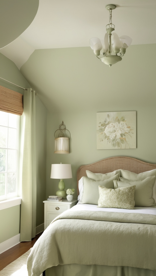 sage green bedroom decor, light green bedroom ideas, soothing green bedroom, green bedroom design, calming sage bedroom