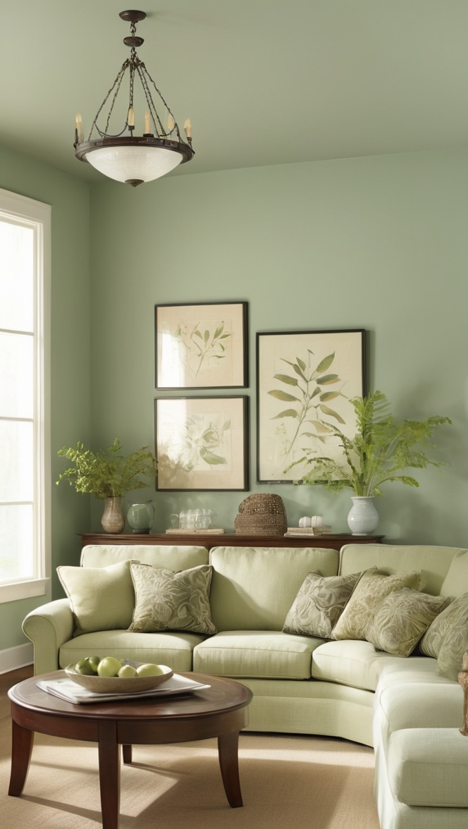light sage green paint, sage green decor, sage green living room ideas, sage green furniture, light green walls