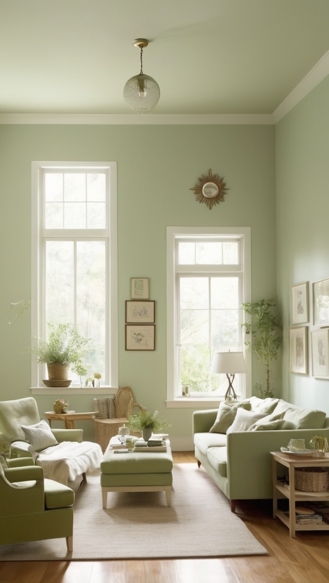 light sage green paint, sage green decor, sage green living room ideas, sage green furniture, light green walls