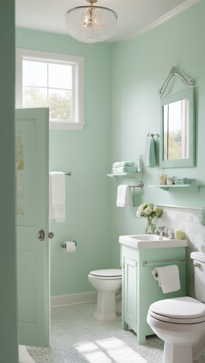 mint green tiles, mint green paint, mint green decor, mint green accessories, mint green bathroom ideas