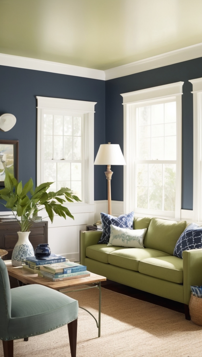 navy blue sofa, sage green curtains, navy blue rug, sage green paint, navy blue decor