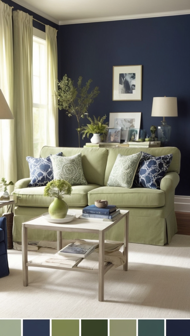 navy blue sofa, sage green curtains, navy blue rug, sage green paint, navy blue decor