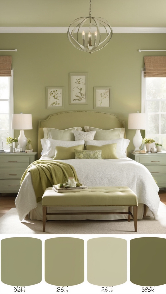 olive green paint colors, olive green bedding, olive green decor, olive green walls, olive green curtains
