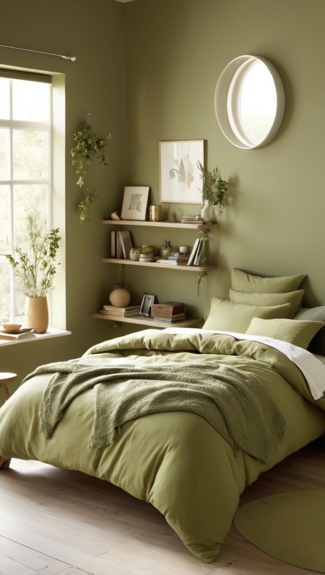 olive green paint colors, olive green bedding, olive green decor, olive green walls, olive green curtains
