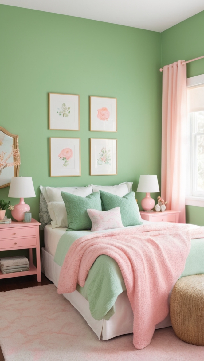 pink and green bedroom decor, bedroom aesthetic design, pink and green room inspiration, bedroom interior decor, green and pink color scheme