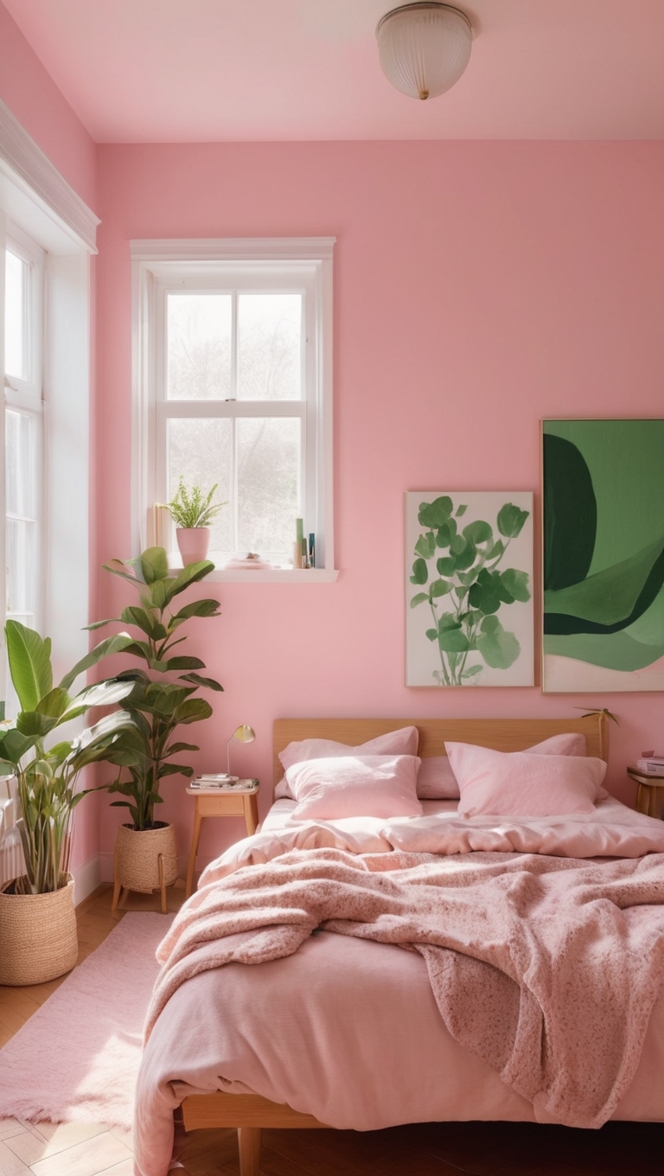 pink and green bedroom decor, bedroom aesthetic design, pink and green room inspiration, bedroom interior decor, green and pink color scheme