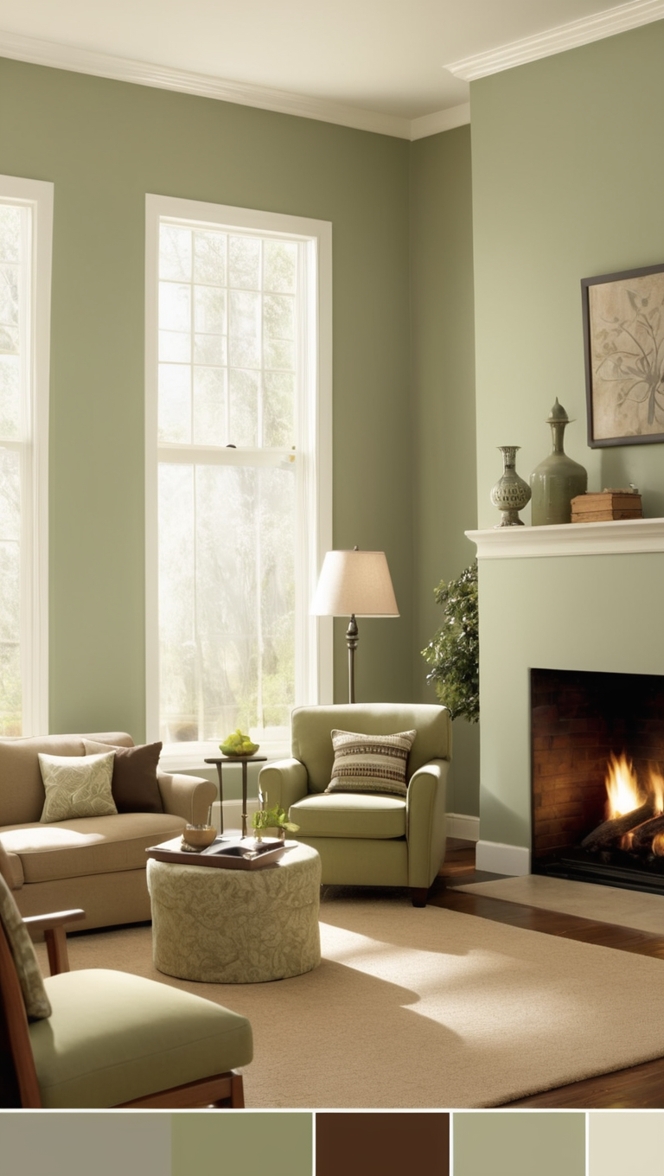 sage green sofa, sage green walls, sage green decor, brown accent wall, brown furniture