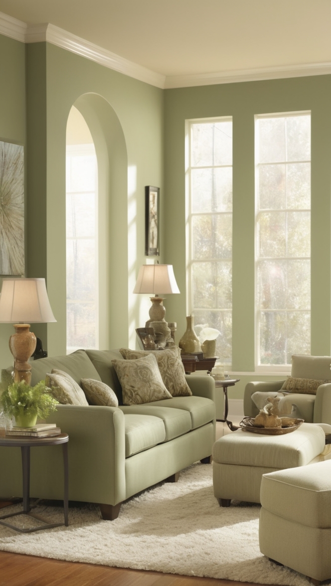 sage green furniture, cream living room decor, sage green curtains, cream upholstery fabric, sage green accent wall