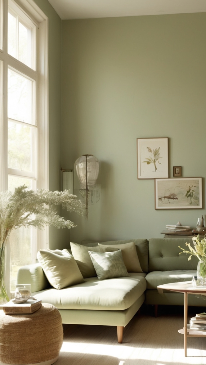 sage green furniture, cream living room decor, sage green curtains, cream upholstery fabric, sage green accent wall