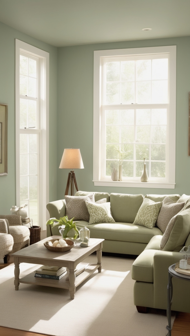 sage green curtains, grey sofa, living room decor, modern furniture, interior design