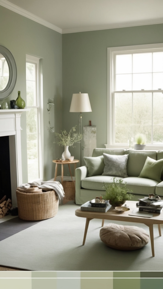 sage green curtains, grey sofa, living room decor, modern furniture, interior design