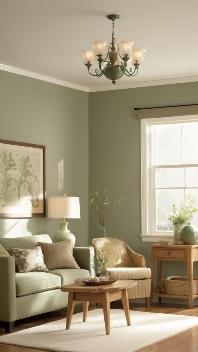 sage green paint, oak furniture, living room decor, interior design, home renovation
