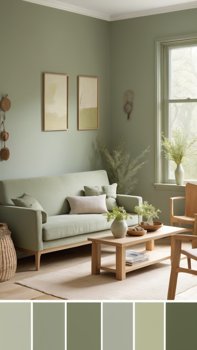 sage green paint, oak furniture, living room decor, interior design, home renovation