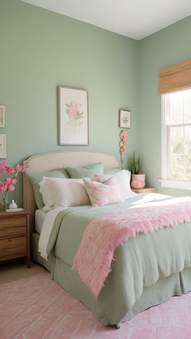 sage green decor, pink bedroom ideas, pastel bedroom design, blush green bedroom, feminine bedroom color palette