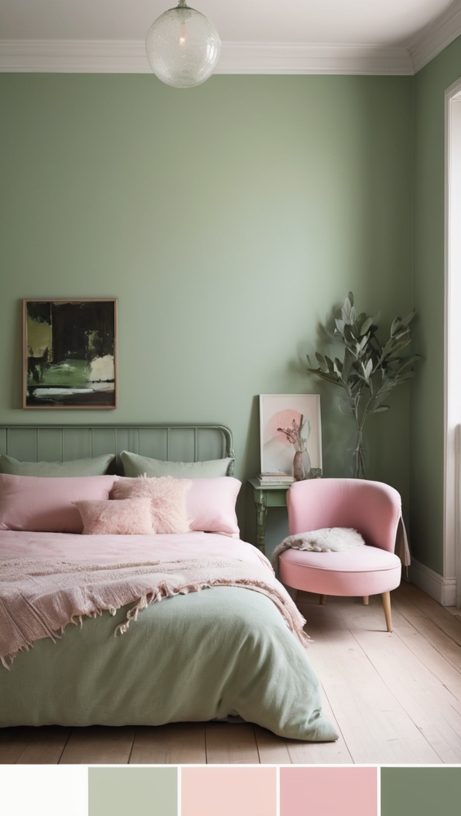 sage green decor, pink bedroom ideas, pastel bedroom design, blush green bedroom, feminine bedroom color palette