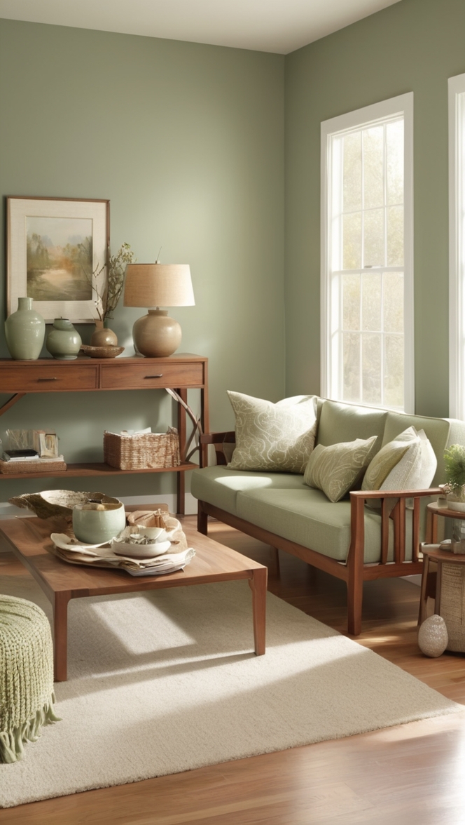 sage green paint, light green sofa, wooden coffee table, sage green curtains, sage green decor