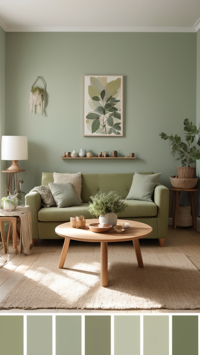sage green paint, light green sofa, wooden coffee table, sage green curtains, sage green decor