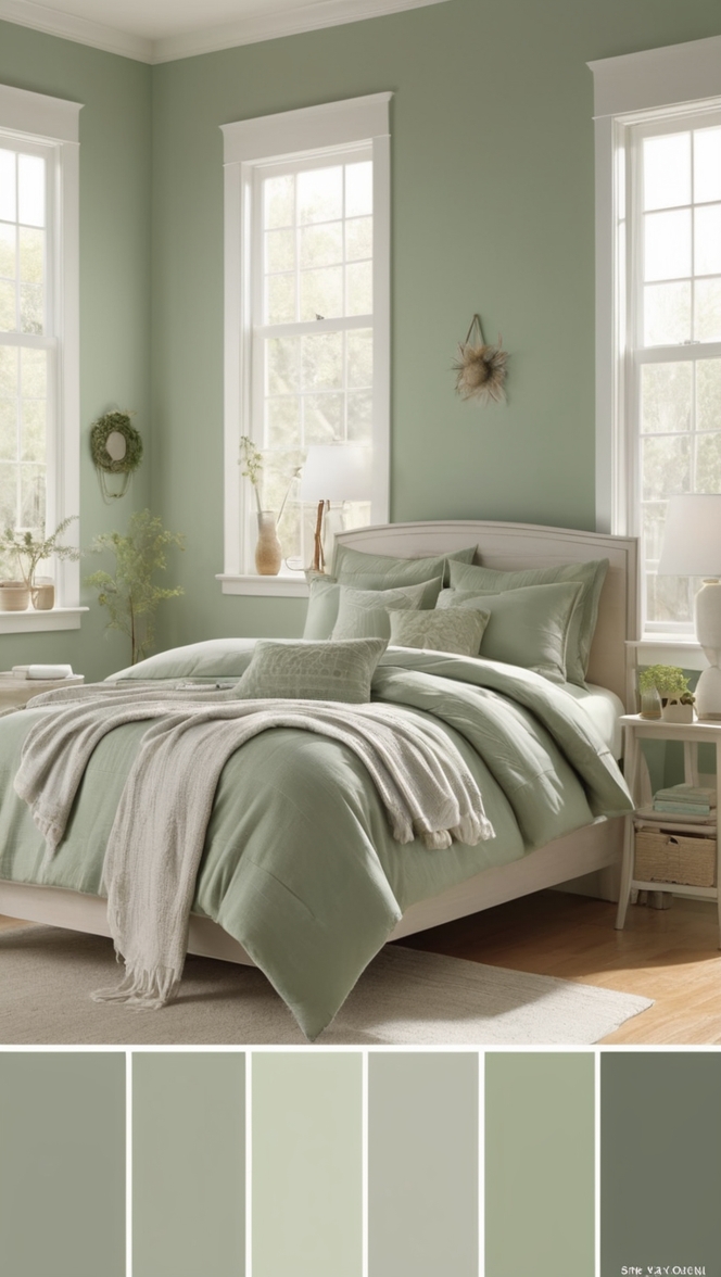sage green wallpaper, sage green paint, sage green decor, sage green curtains, sage green bedding