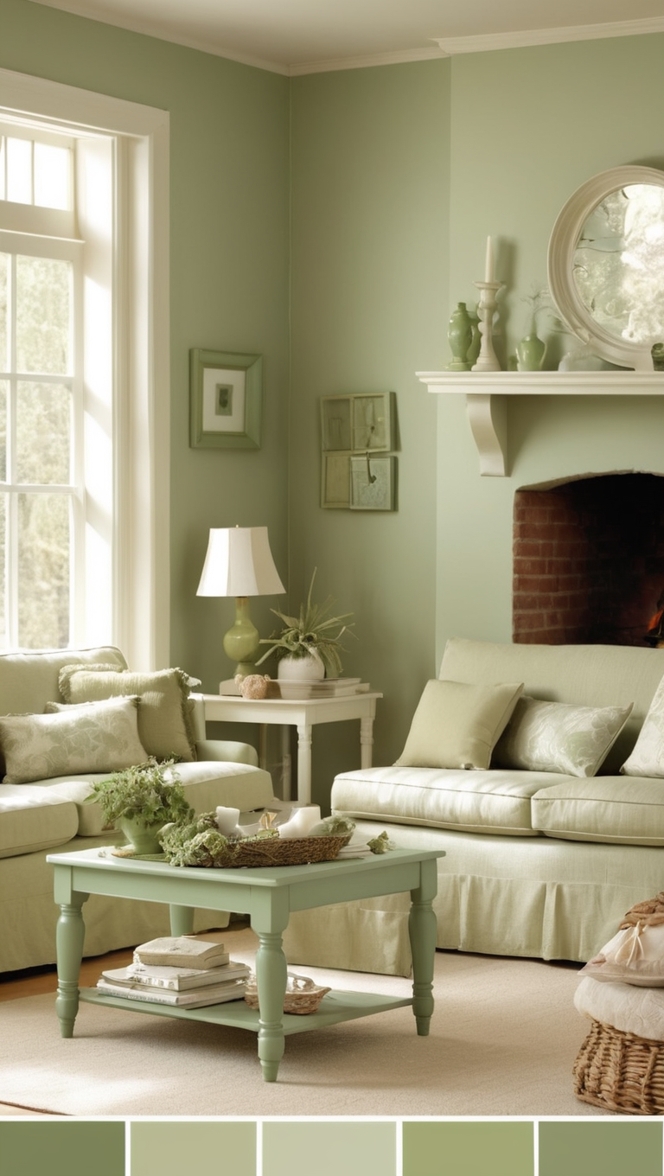 sage green couch, sage green decor, sage green furniture, sage green walls, sage green curtains