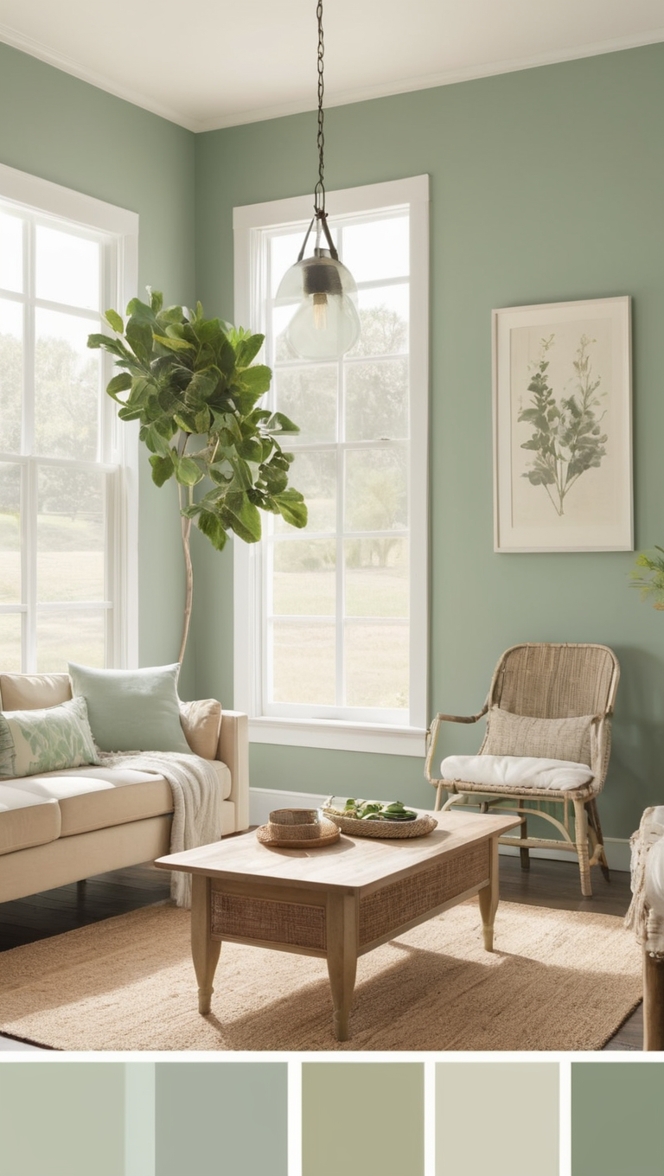 sage green decor, modern farmhouse living room, green accent wall, farmhouse furniture, rustic farmhouse design