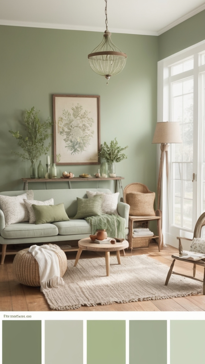 sage green decor, modern farmhouse living room, green accent wall, farmhouse furniture, rustic farmhouse design