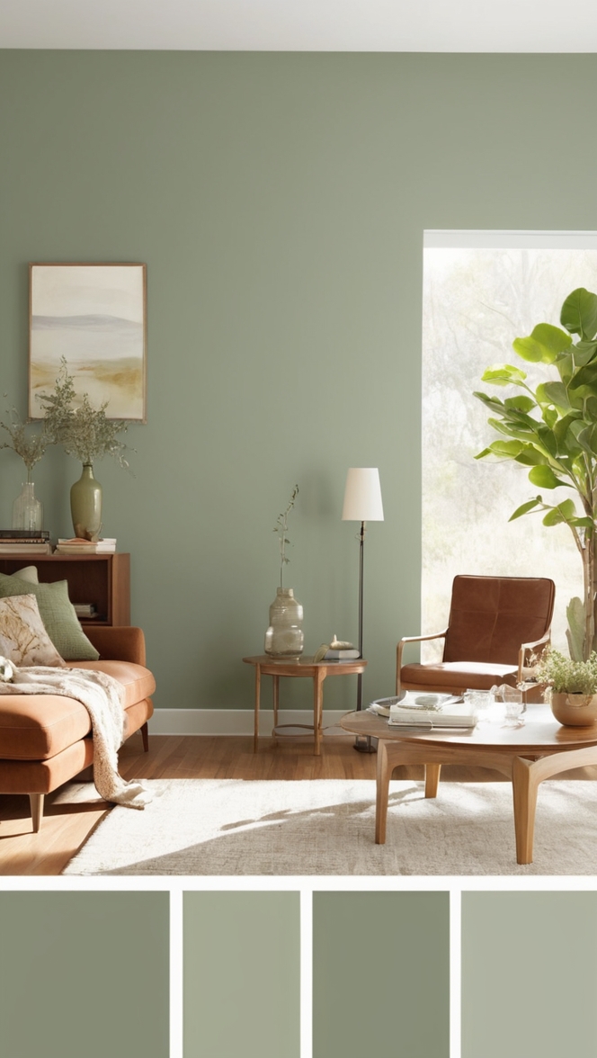 sage green living room decor, sage green sofa, sage green walls, sage green curtains, sage green rug