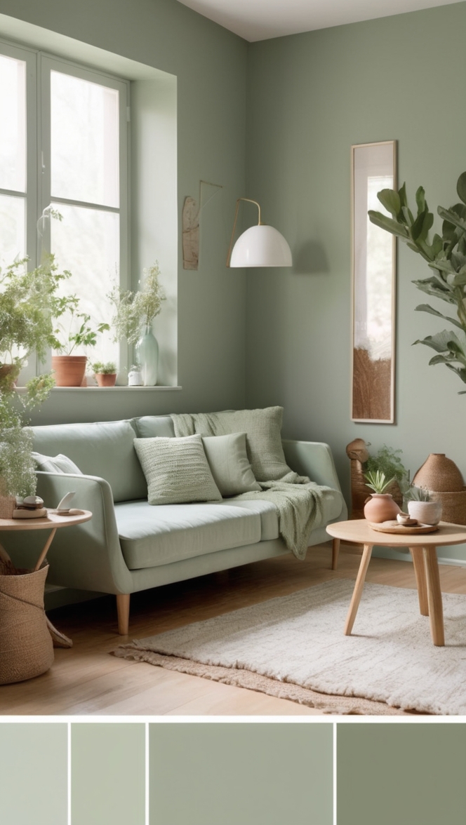 sage green living room decor, sage green sofa, sage green walls, sage green curtains, sage green rug