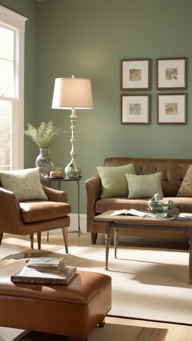 sage green living room, brown sofa, green decor, earthy tones, natural materials