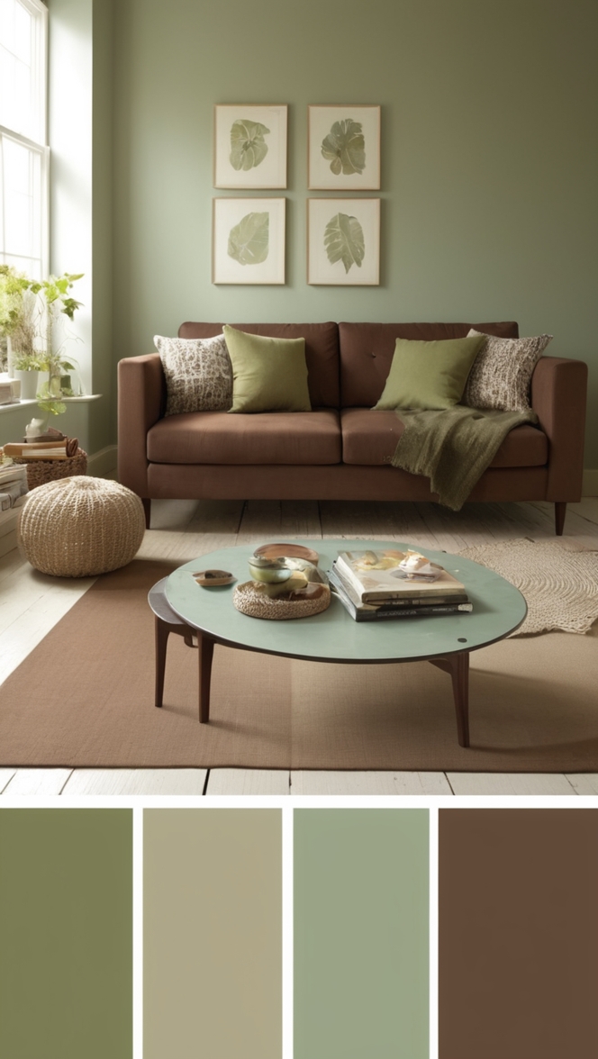 sage green living room, brown sofa, green decor, earthy tones, natural materials