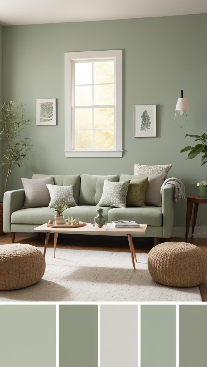sage green decor, sage green furniture, gray sofa living room, green accent wall, modern living room design