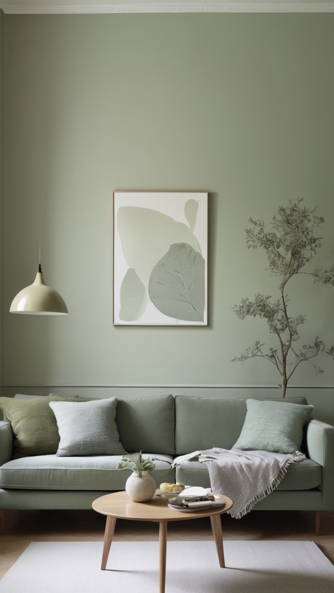 sage green decor, sage green furniture, gray sofa living room, green accent wall, modern living room design
